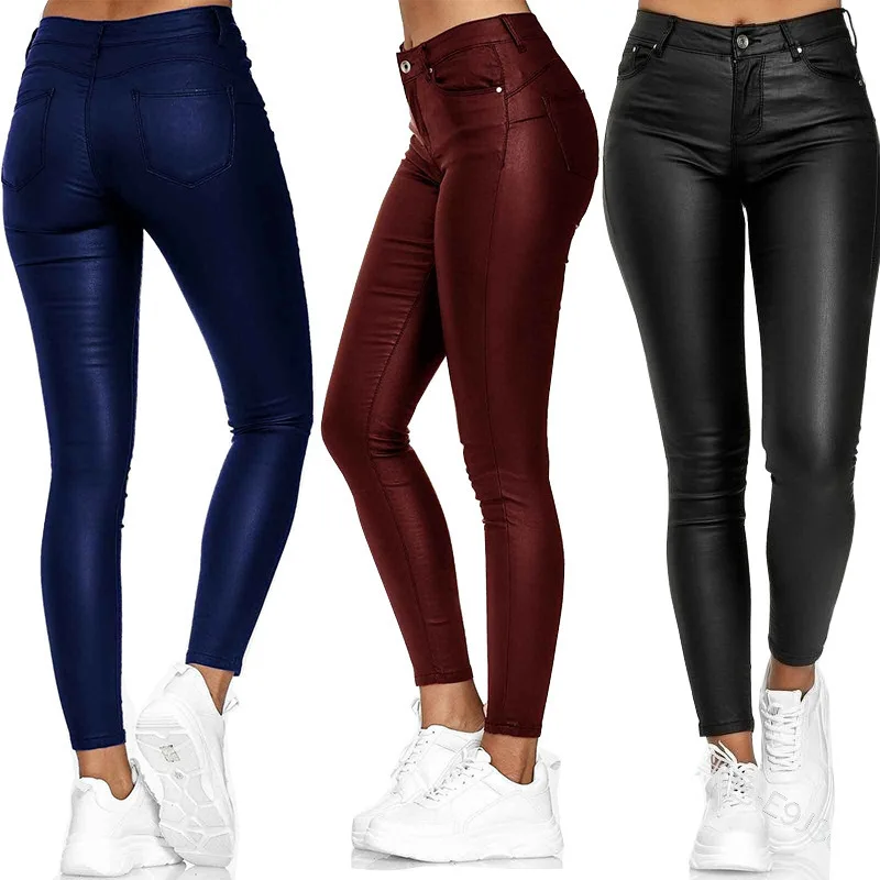 Women Fashion PU Leather Pants High Waist Button Lady Skinny Pencil Pants