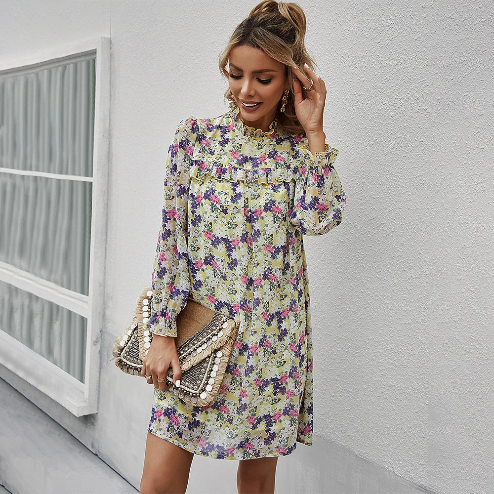 Factory wholesale price self design ruffled stand neck 100% polyester floral print folded loose mini dresses for pregnant