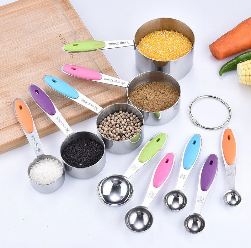 Hot sale cheap promotional 10pcs stainless steel spoons and measuring cup with silicone handle