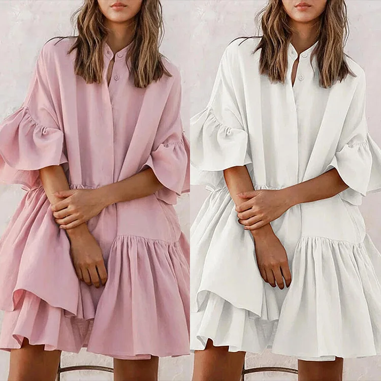 2021 hot sale high end casual full skirt summer fall sweet pink white oversized shirt blouse ruffle maxi dress for women dresses