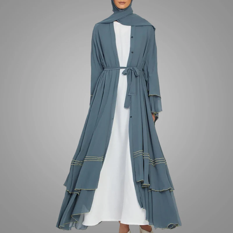 Wholesale Dubai Abaya Latest Fashion Flare Bottom Muslim Kimono Maxi Dress Elegant Front Open Cardigan Robe Islamic Clothing
