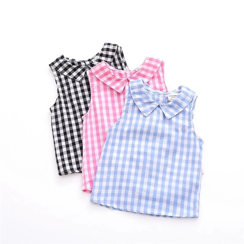 
2021 Summer New Outdoor Vest Custom Plaid Print Top O-neck Sleeveless Girls Children Baby Sleeveless Top Kids 