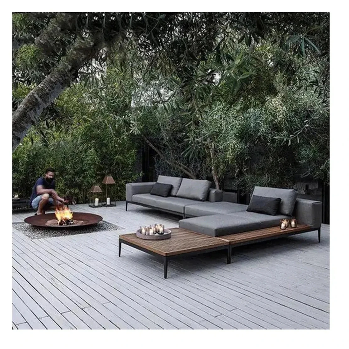 Outdoor Grey Wood Patio Balcony Wicker Chair Sofa Garden Furniture Outdoor Courtyard Sectional Garden Sets Sofa for Restaurant
