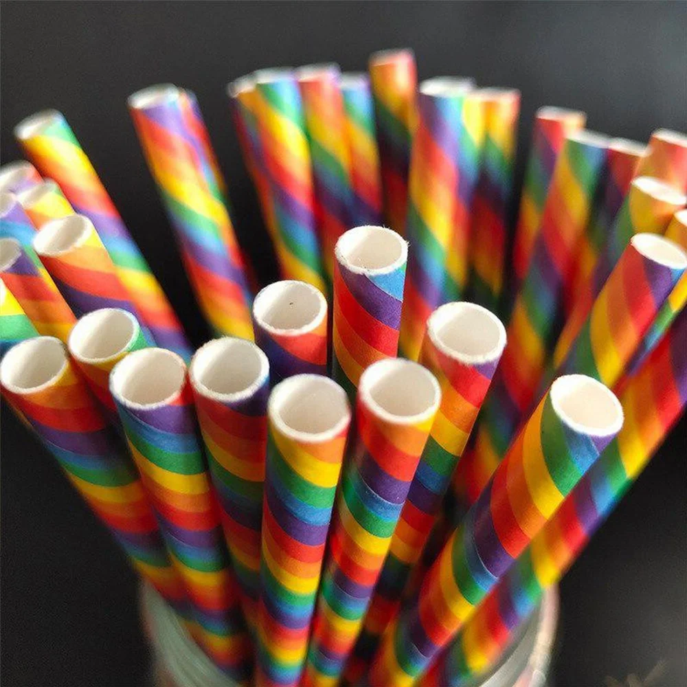 6*210mm 8*197mm Christmas Decoration Rainbow Paper Drinking Straws