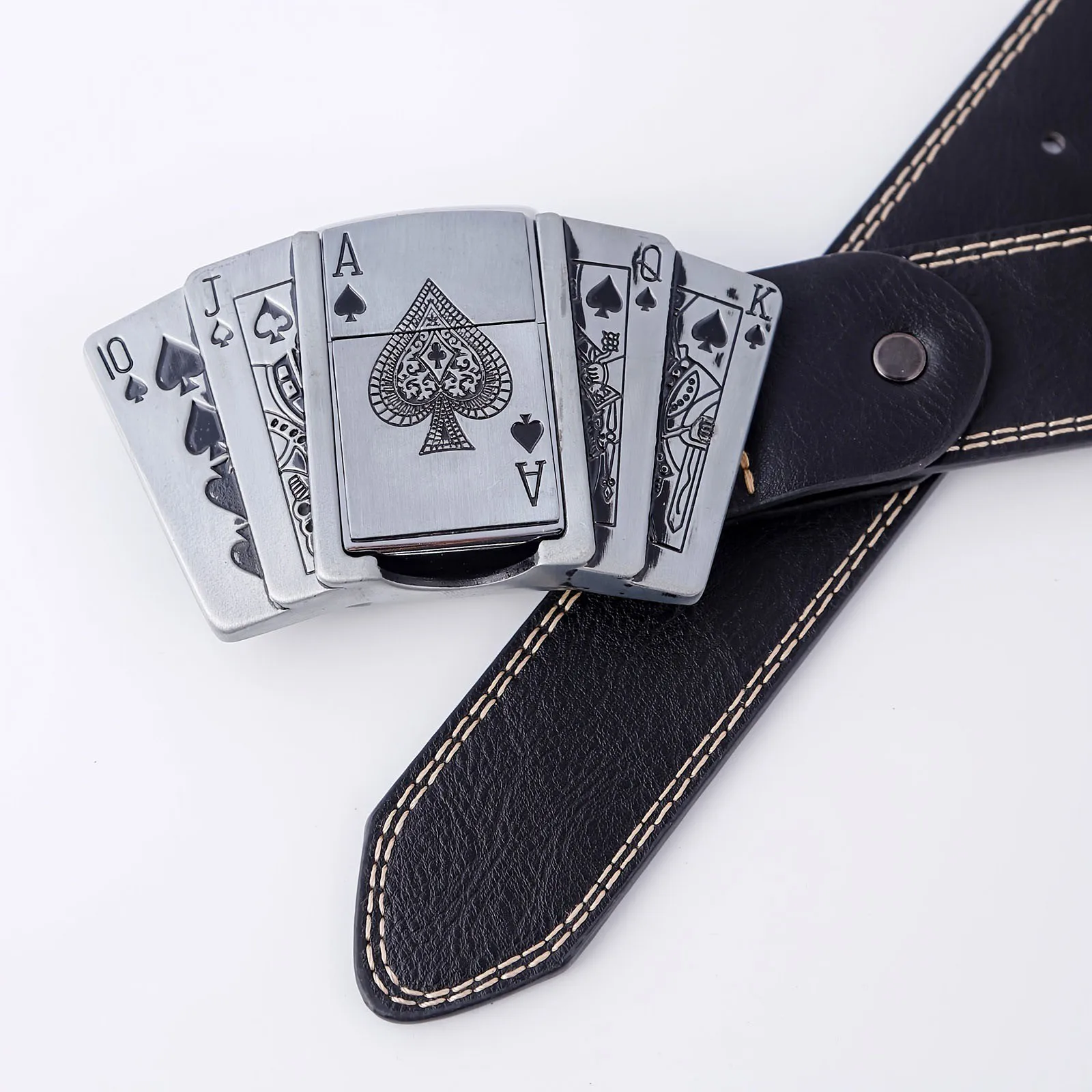 Custom Logo Wholesale Fashion Skull Poker Lighter Buckle Punk PU Leather Belt for Men
