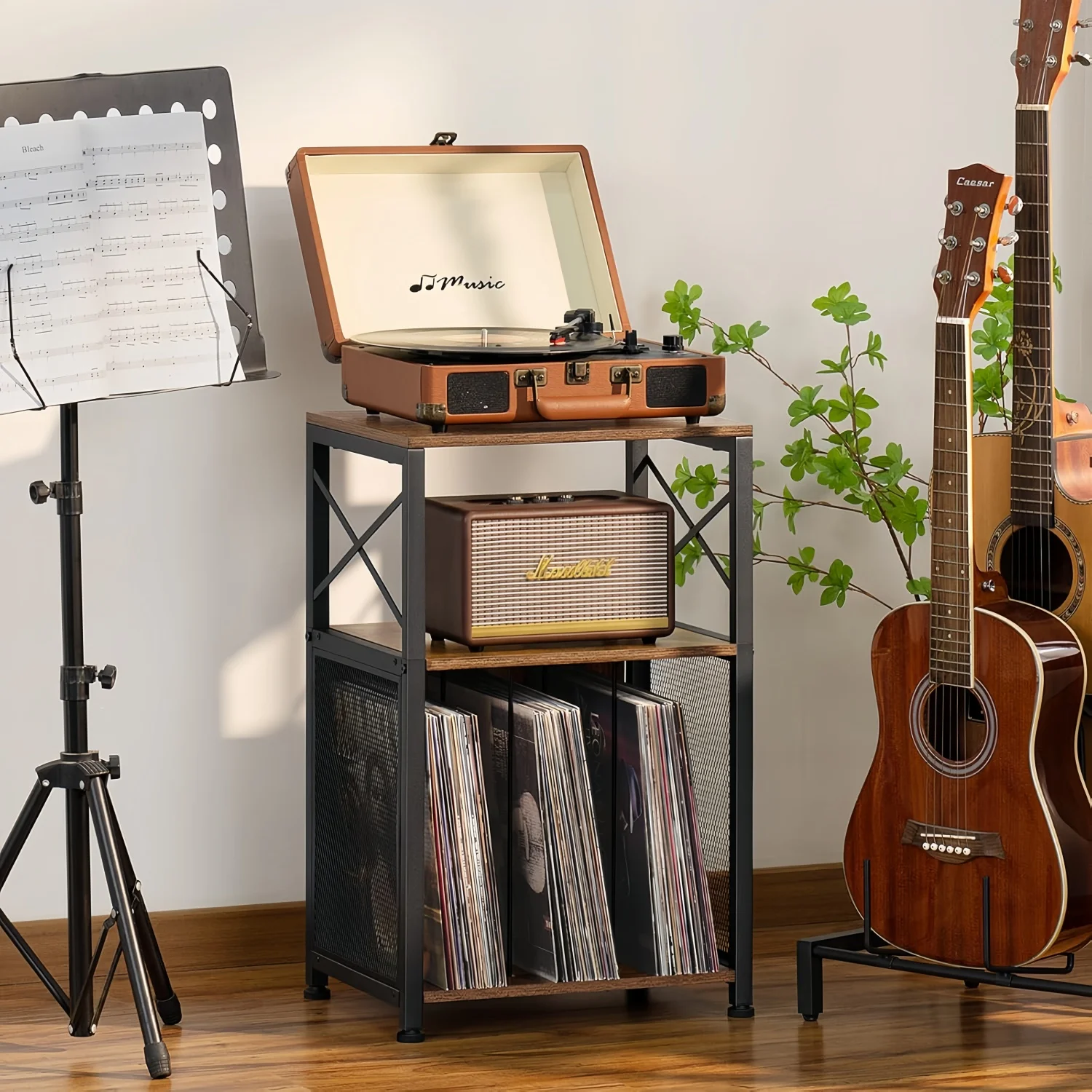 3-Tier Brown Vinyl Records Storage Holder Turntable Stand Display Shelf Bedroom Living Room Office CD Rack 100 Albums End Table