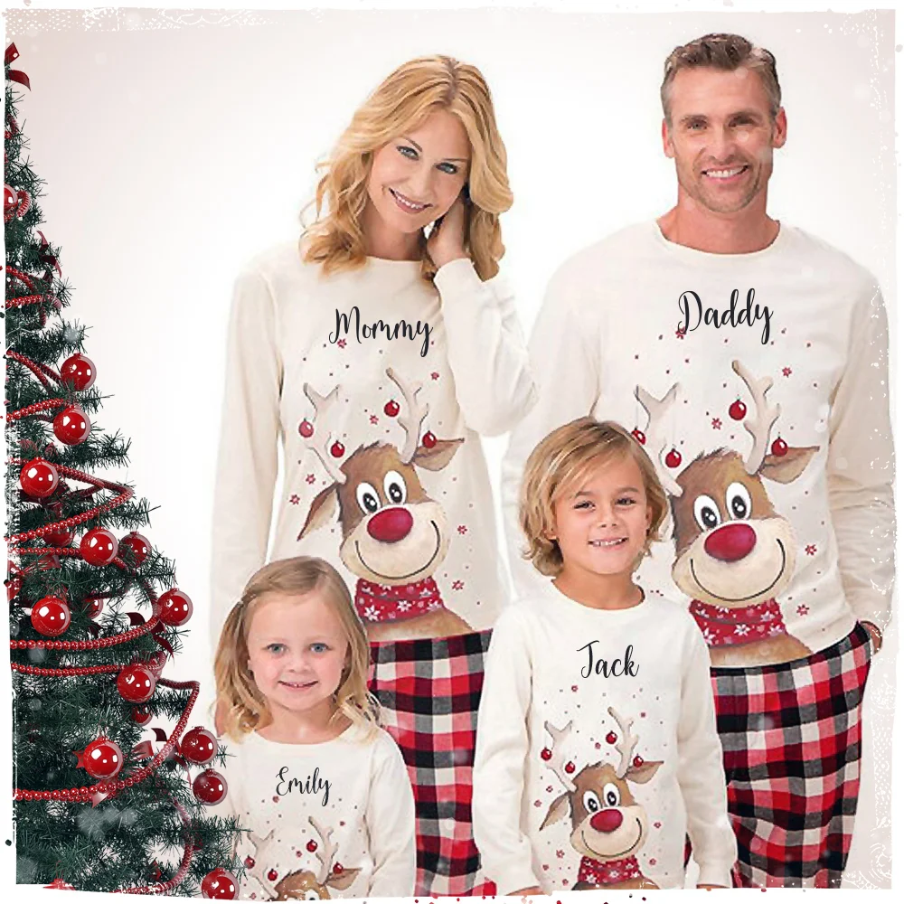 YKMOZI Christmas Family Pajamas Christmas Elk Print Plaid Matching Pajamas Sets
