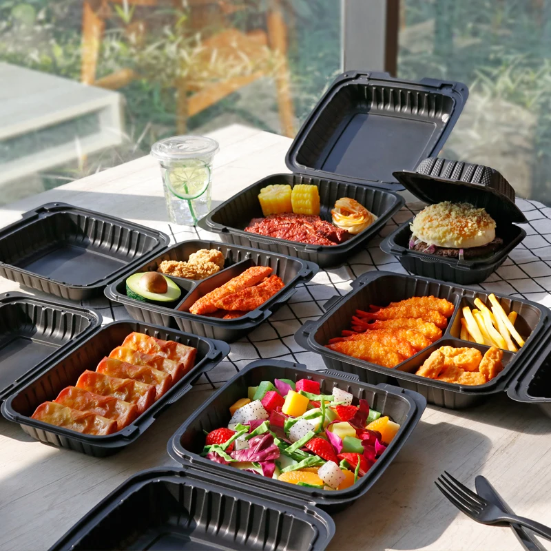 To go food container for restaurant hinged lid lunch box mineral filled pp with 3 compartments microwave food packaging