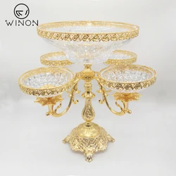 Luxury Restaurant hotel home Golden plated big size glass bowl Pasuda with small size plate with base for dinner party wedding