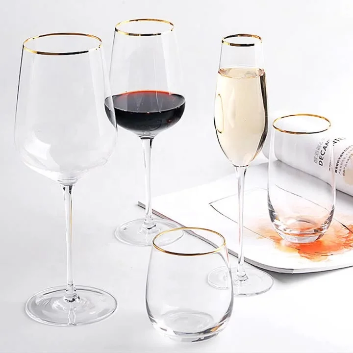 Wholesale Mouthblown Lead-free Crystal Gold Rim Goblet Flute Champagne  Glass Red Wine Glass  Wine glass set for party