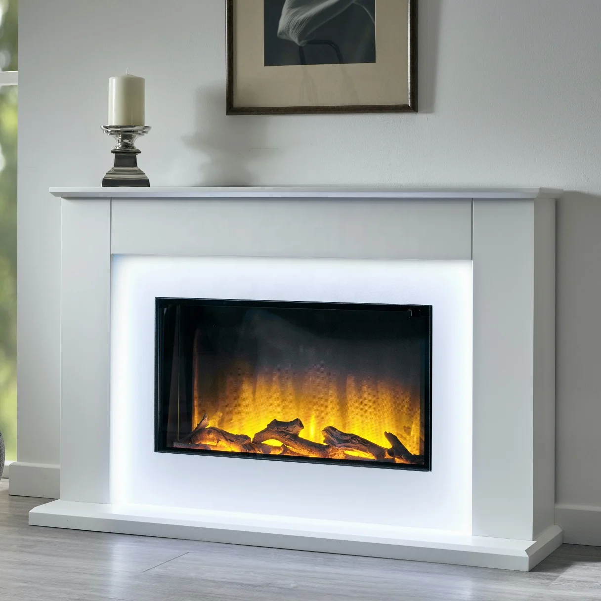 modern decorative white electric fireplace with led light with remote