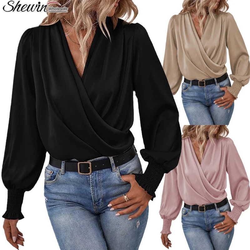 Оптовая продажа модная дизайнерская трикотажная шифоновая повседневная женская блузка с цветочным принтом и рюшами элегантная длинным рукавом