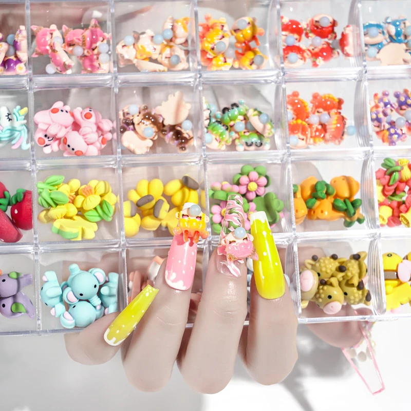 24 Grids mixed aurora crystal candy bow-knot bear heart nail decoration jewelry nail art rhinestones charms set