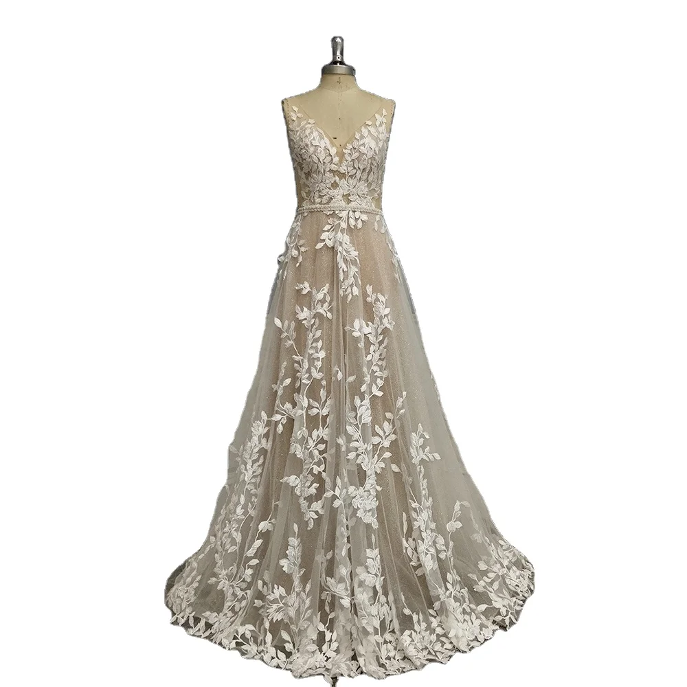 Хит продаж, невесомое садовое пляжное свадебное платье с V-образным вырезом и открытой спиной, платье невесты с поясом из бисера