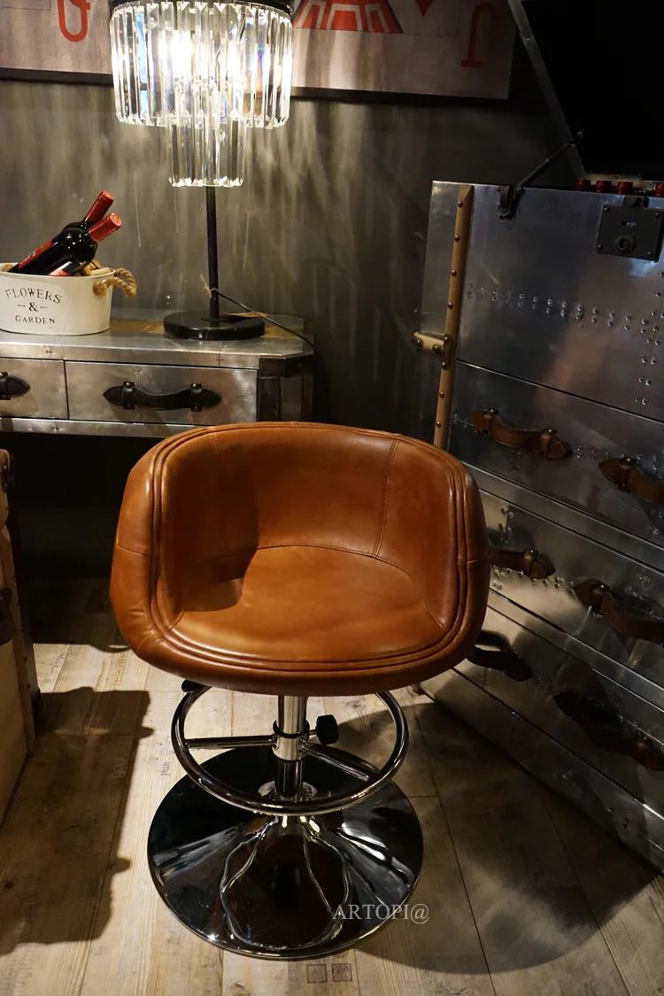 vintage industrial style top grain leather seat and metal high bar chair bar stool adjustable height bar chair stool furniture