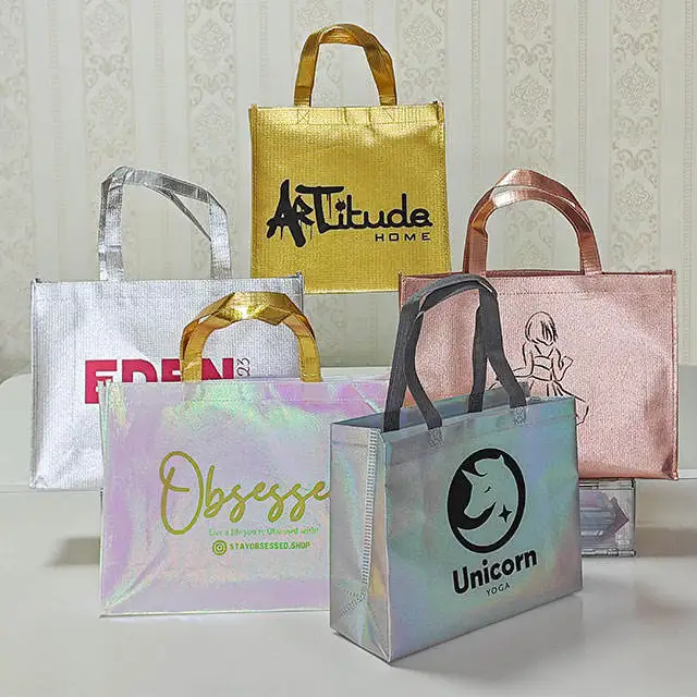 Custom Logo Reusable Fashion Pink Holographic Metallic Laminated Non Woven Iridescent Gift Tote Bag With Logo