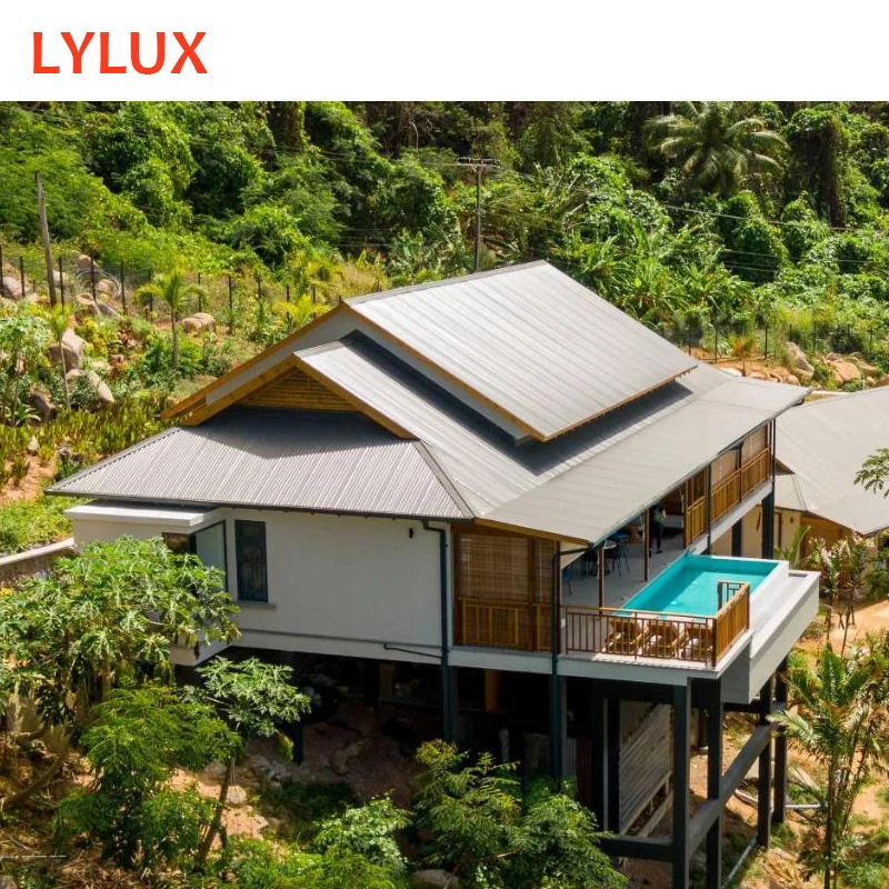 Easy assembly single storey hotel building prefabricated beach resorts villa, luxury room built on the mountain