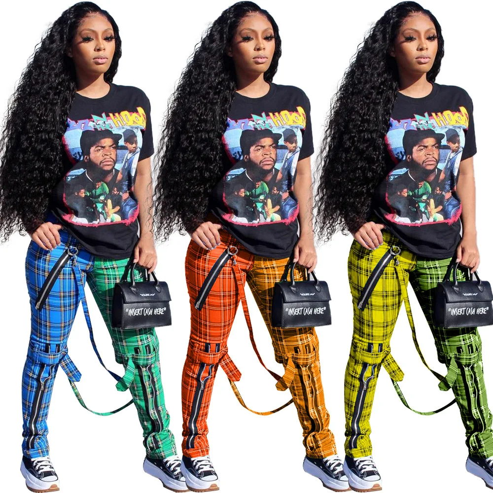 
Plaid pants for women 2020 winter faker zipper baggy pants for women fashion street wear string rope pants 