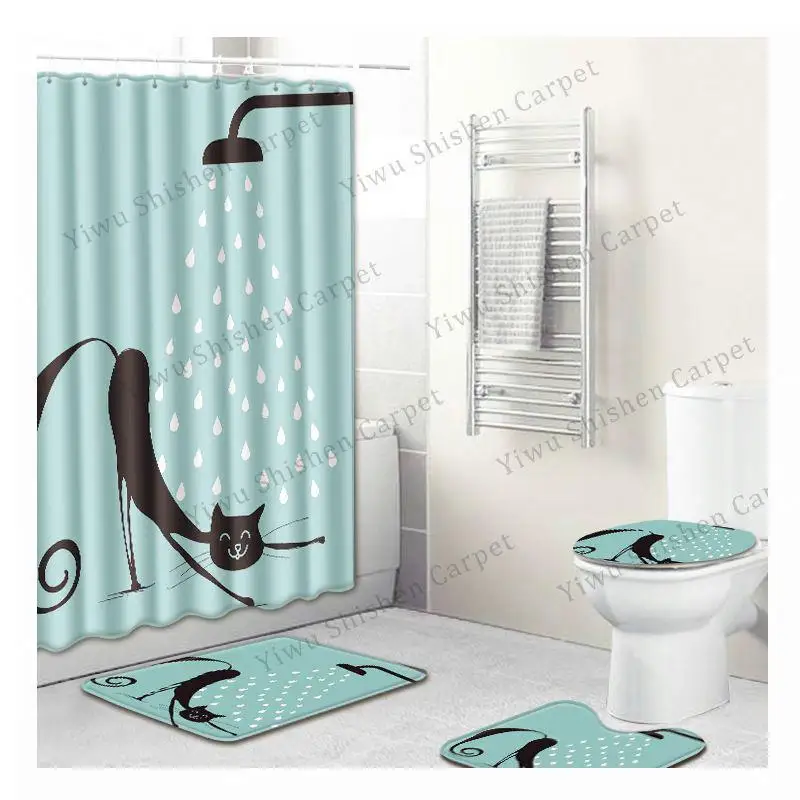 Amazon Hot Sell new supplier Xmas bathroom foot mats toilet set bathroom rug waterproof polyester cat dog shower curtain