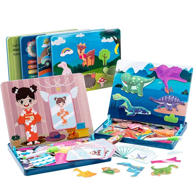 Diy Early Educational Toys Magnetic Jigsaw Puzzle Box Wooden Magnetic Drawing Board Puzzles Games