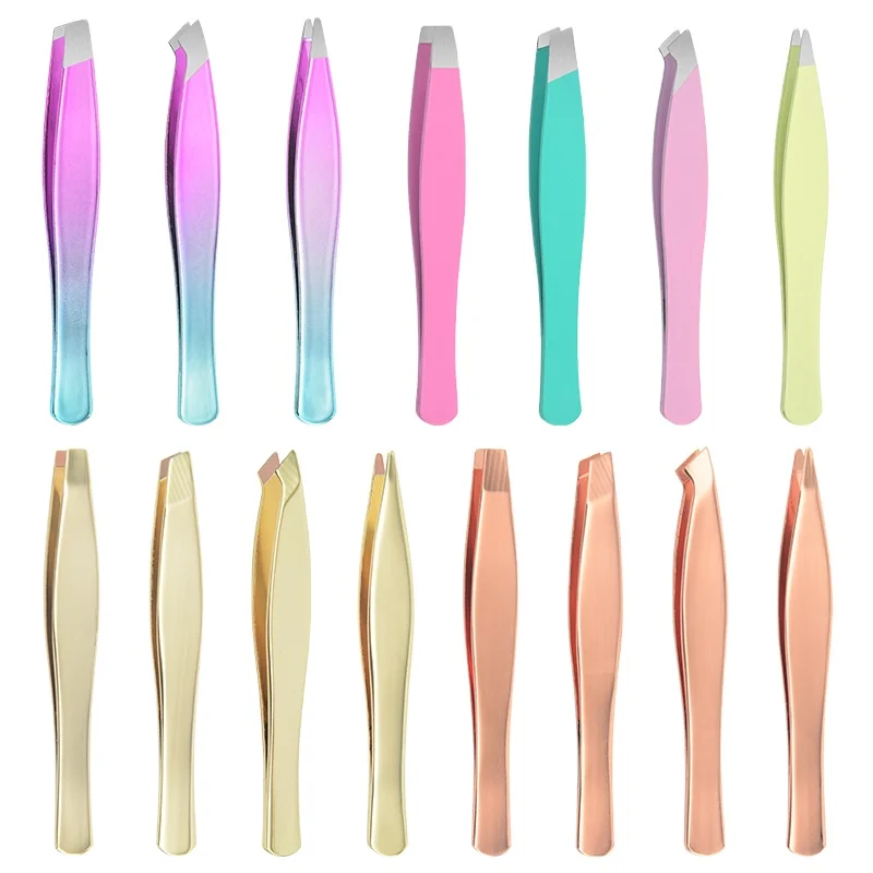 Professional 4-Piece Multi-Color Slanted Eyelash Tweezers Custom Logo Stainless Steel Oblique Tweezers Eyebrow Eyelash Beauty