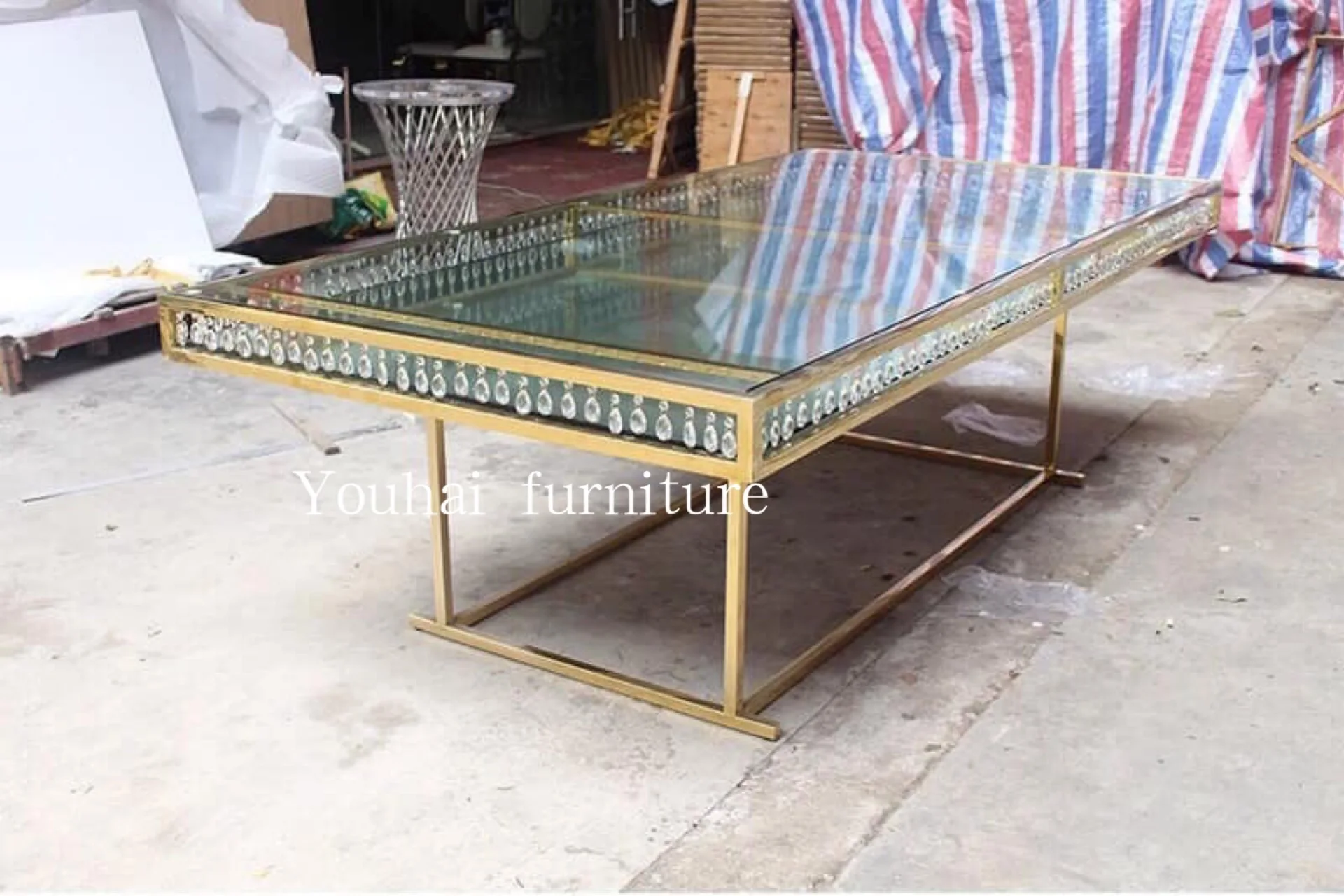 Wedding furniture golden rectangular stainless steel wedding use hotel banquet table and chair