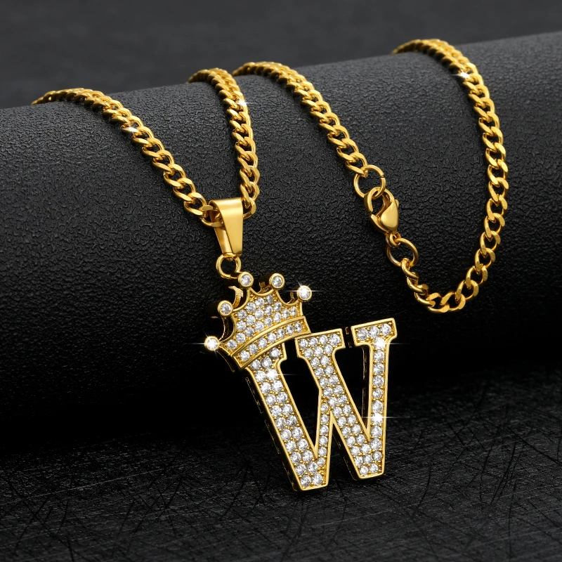 Crown Letter Queen Necklace Diamond Initial Pendant CZ Long Chain Necklace Ice Our Alphabets Charms
