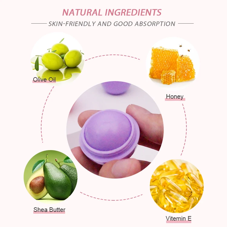 Custom Logo Vegan Organic Lip Care Moisturizing Chapstick Private Label Lip Cream Exfoliating Purple Round Ball Pink Lip Balm