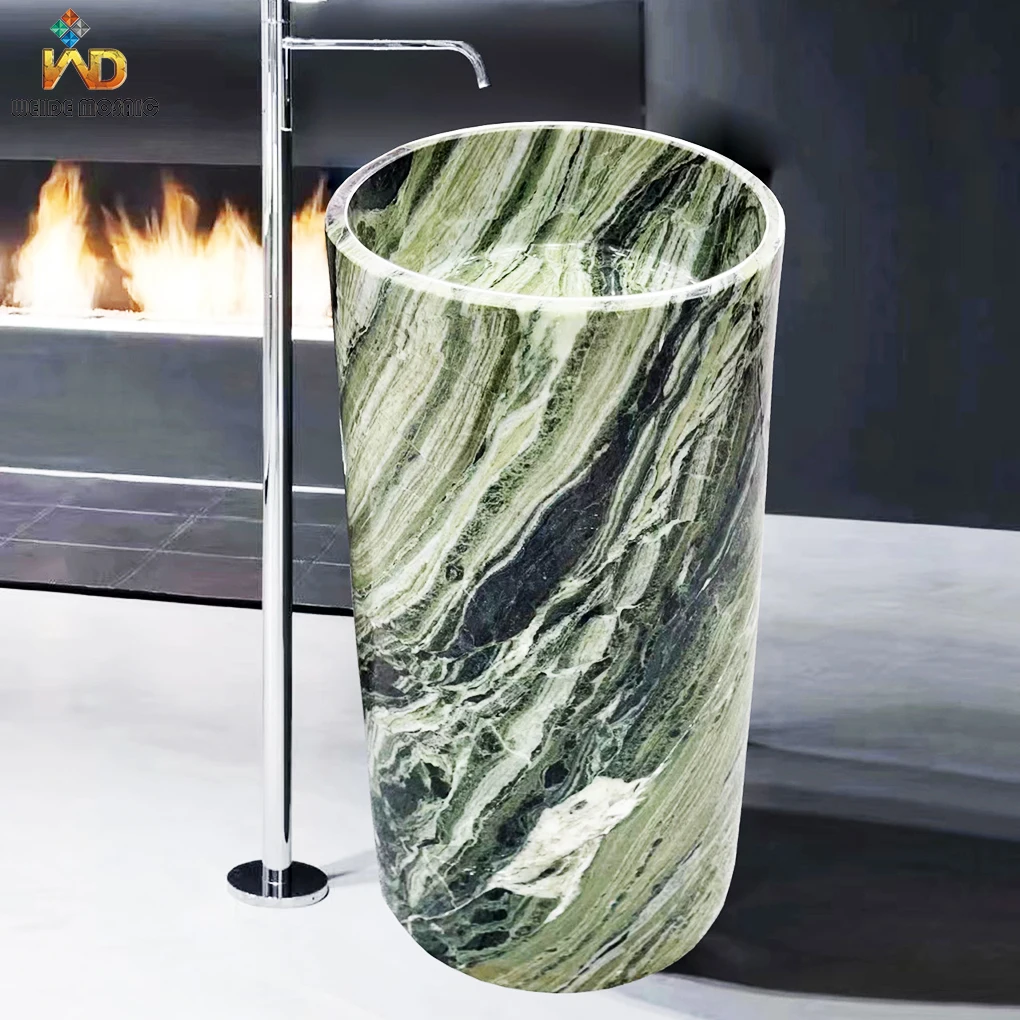 High Quality European Design Unique Green Marble Bathroom One Piece Round Floor Pedestal Washbasin Sink Basin