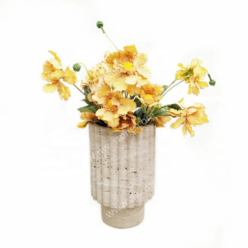 NANWEI Natural Classic Beige Travertine Marble Stone Flower Vase Decoration