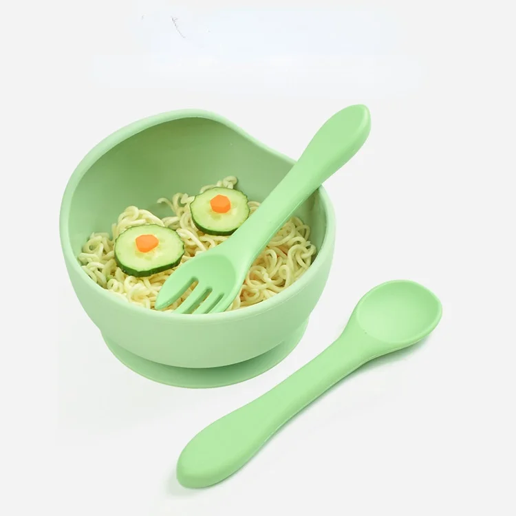 Kids Feeding Supplies Custom Cartoon Baby Silicone Strong Suction Dinner Bowl And Spoon Fork Set