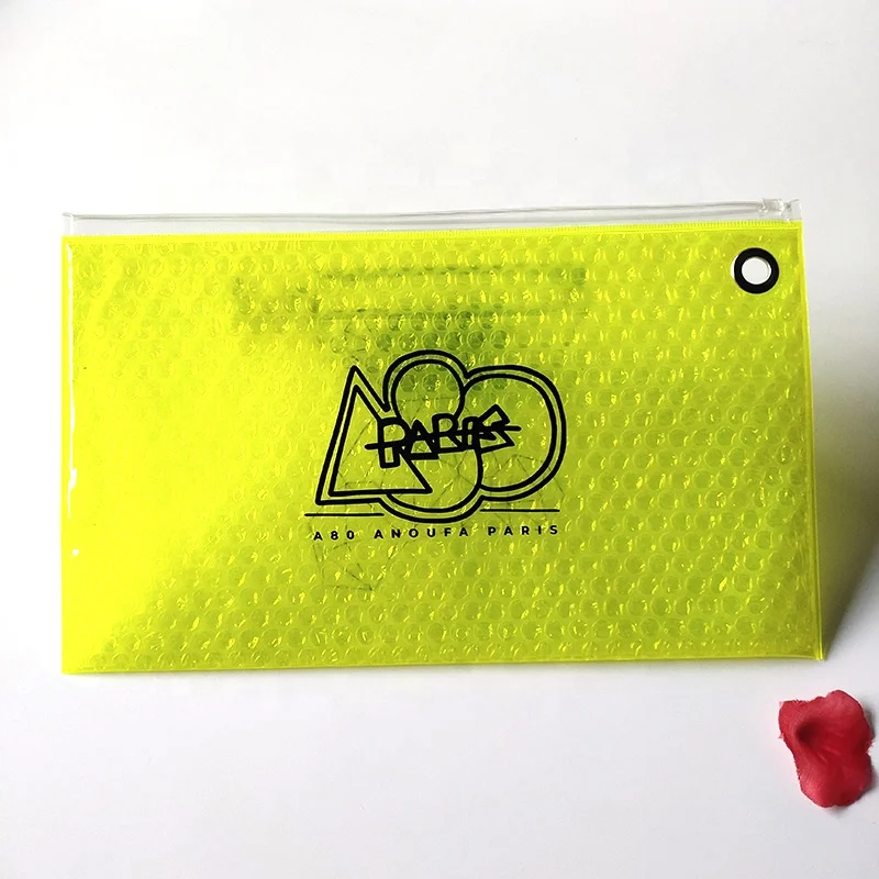 luminous colorful plastic pvc zipper bubble pouch bag with grommet