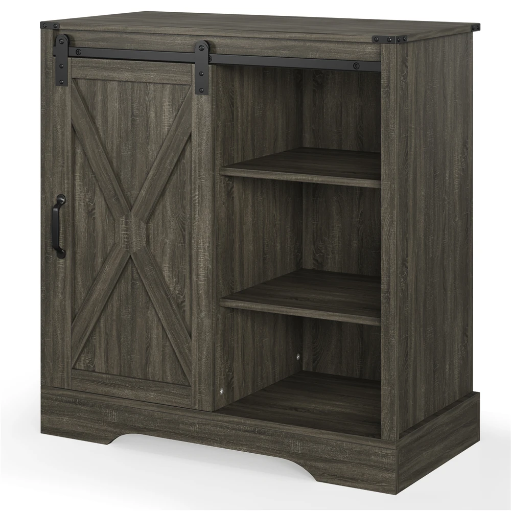 Tall Grey Wood Wine Corner Coffee Bar Cabinet With Storage Barn Door Shelves Adjustable Living Room