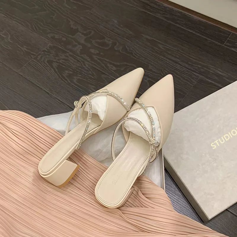 Grape mother with the new French elegant pointed sandals rhinestone thick heel high heel half sandals and slippers women.