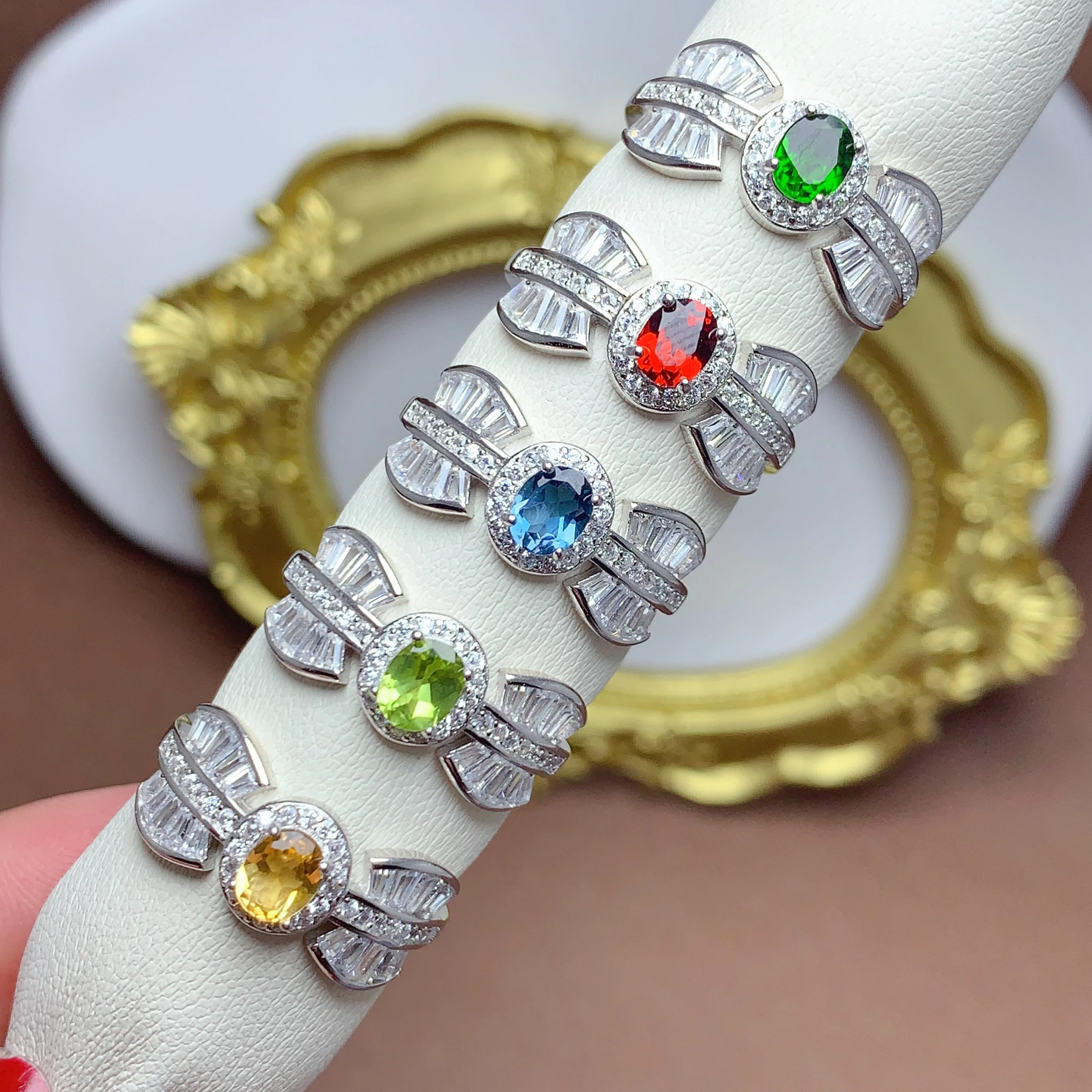 Factory Supply 925 Sterling Silver Natural Gemstone Butterfly Flower Zircon Fashion Opening Adjustable Couple Rings For Girls