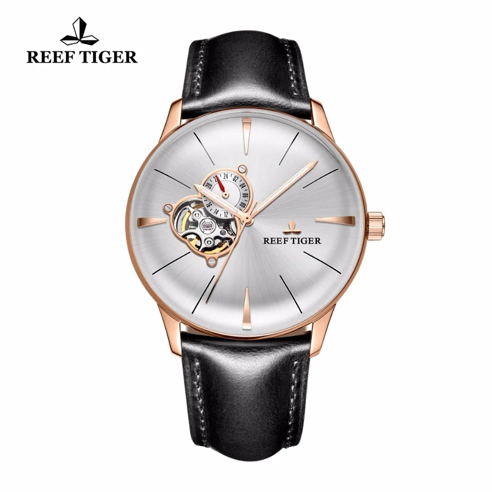 Reef Tiger Luxury Casual Watches for Men Genuine Leather Strap Rose Gold Tourbillon  Watch Convex Lens Watches RGA8239