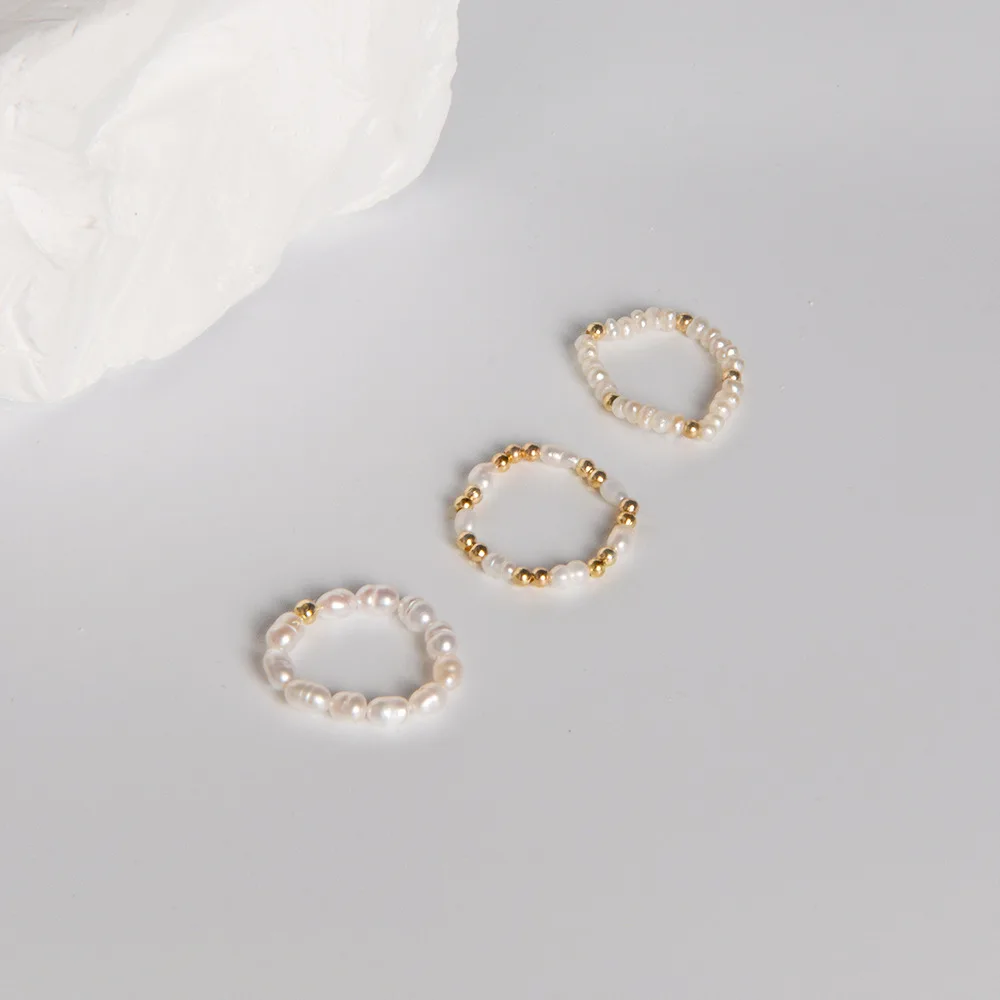 Freshwater pearl rings handmade elastic dainty stacking seed beads pearl rings Miyuki mirror luster jewelry