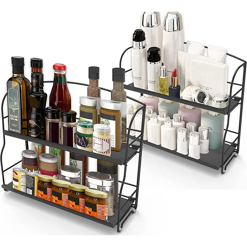 2-layer foldable storage rack, alloy steel seasoning rack, suitable for kitchen, bathroom, black