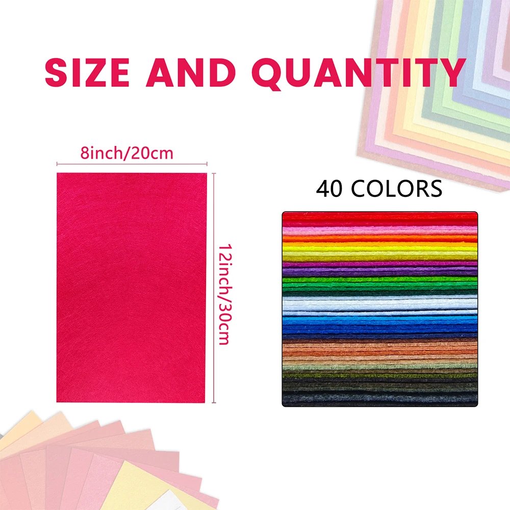 40pcs Felt Fabric Sheet Assorted Color DIY Craft Nonwoven 1.4mm Thick Acrylic Felt for Sewing DIY Craftwork Project