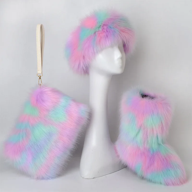 
2021 new arrival bag sets winter boots women shoes fur headband ladies faux fur boots with fur purse 