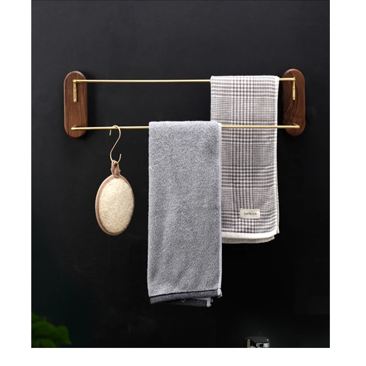 
Natural wood wall racks with brass hooks bathroom kitchen organizer hotel barber towel racks clothes racks 