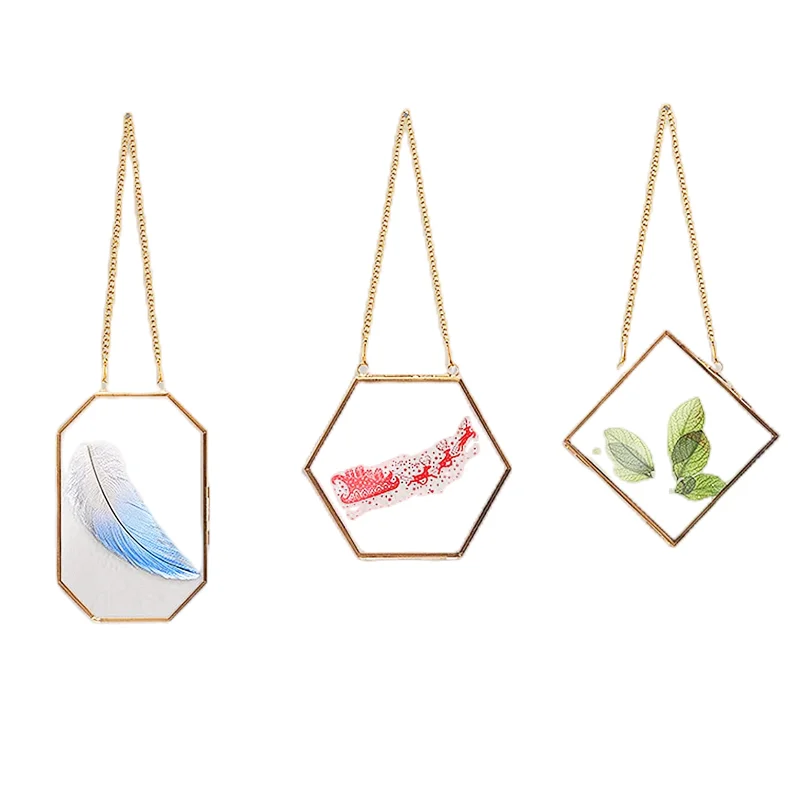 Glass crafts for DIY Pressed Flowers Art Brass Hanging Photo Picture Frame with Chain