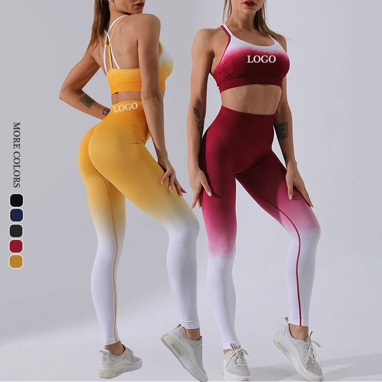 
Dropshipping Custom Dip-Dye Women Workout Clothing 2 Piece Workout Seamless Activewear Set 