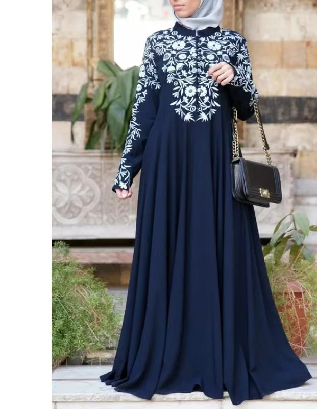 Elegant 2024 Muslim Robe With Long Sleeves and Standing Neck Floral Print Flare Ethnic Dress