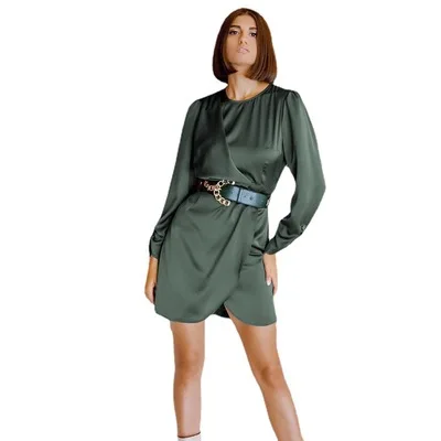 Женская обувь; Новое поступление; С круглым воротником с буффами на рукавах, сатиновое платье с высокой талией для женщин с поясом