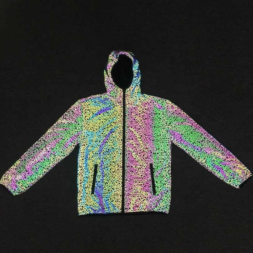 
Custom unisex holographic high visibility reflective jacket waterproof blank street wear windbreaker zipper rainbow reflective 