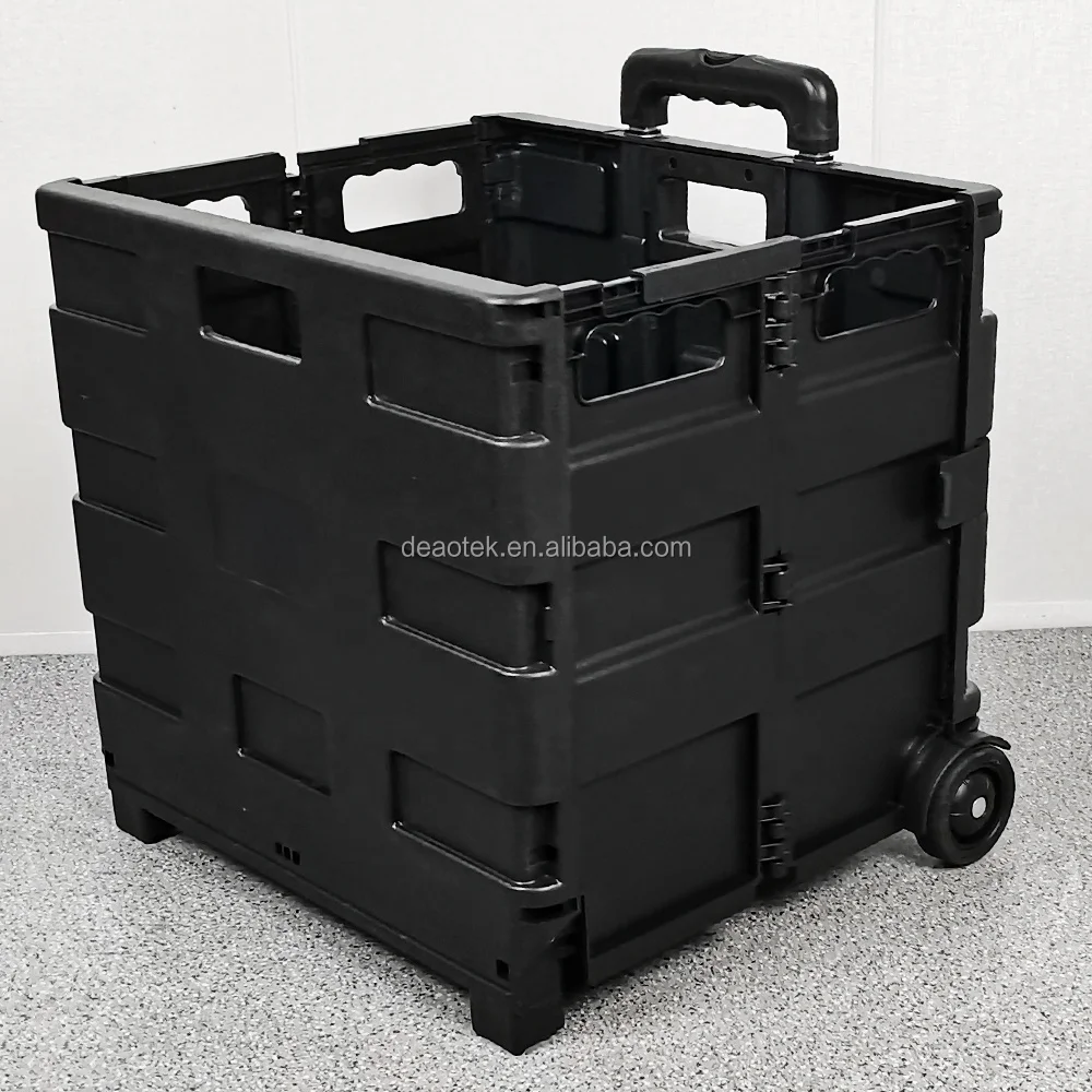 Pack and roll collapsible portable folding plastic grocery shopping trolley cart with wheels Adjustable Handle