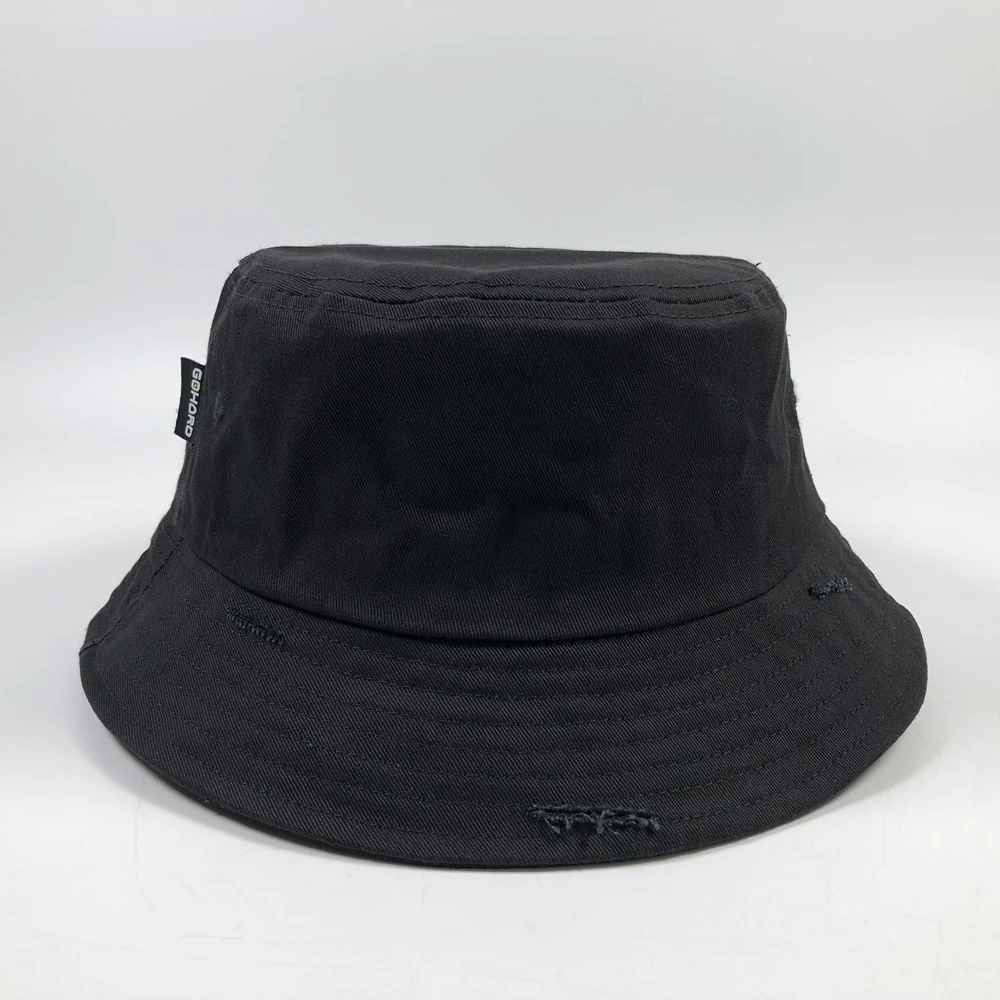 Custom distressed bucket hats with woven tags High quality classic black blank boonie Unisex casual cotton bucket hats rips