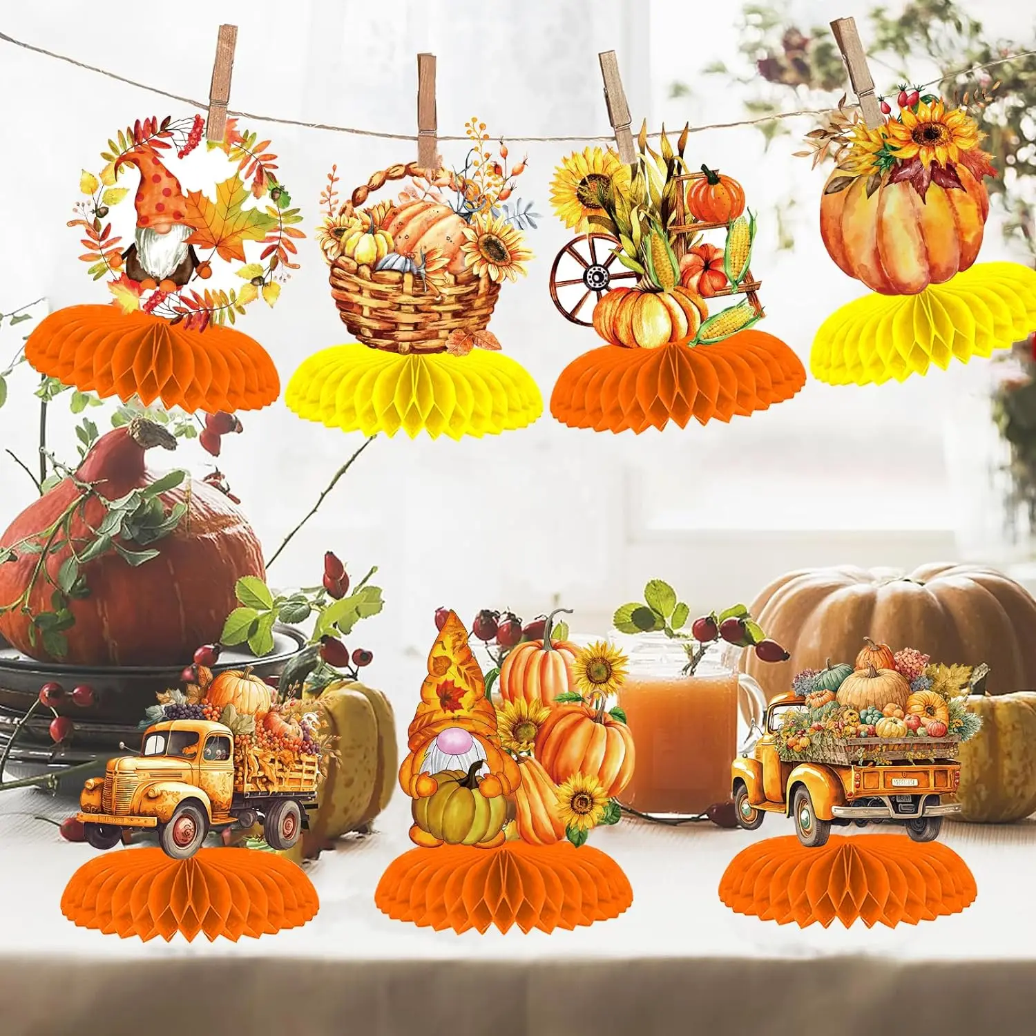 Fall Thanksgiving Honeycomb Decoration Kit Paper Autumn Pumpkin Harvest Honeycomb Centerpiece  Table Decor