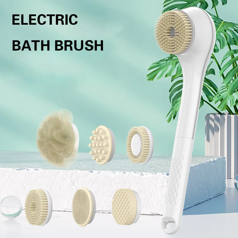 6 In 1 Electric Bath Brushes Body Skin Massage Shower Scrubbers Waterproof Long Handle Back Cleaning Bath Brushes